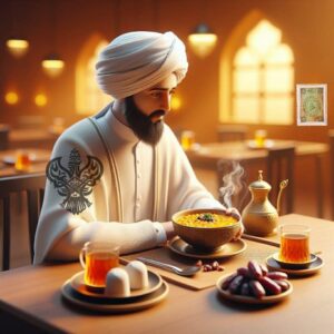 Sufi man eating lentil soup during Rajab's 40 day lentil diet
