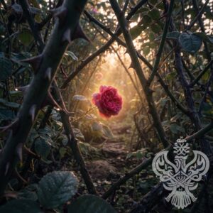 A bright red rose surrounded by thorn-covered branches, with a narrow pathway leading through the thorns toward the flower.