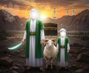 S. Ibrahim (as), S. Ismail (as) standing near holy Kabah with sheep