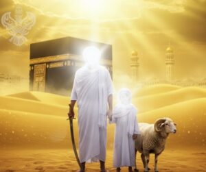 S. Ibrahim (as), S. Ismail (as) standing in front of Holy Kabah with sheep