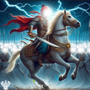 Sayyidina Mahdi (as) with a sword on a horse