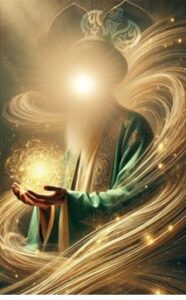 Sayyidina Muhammad (s) holding golden light surrounded by energy