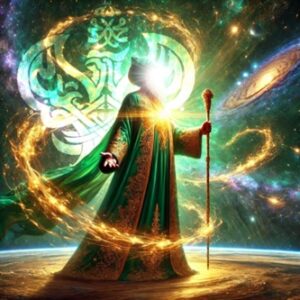 S. Muhammad (s) standing in green, gold robe surrounded by light spirals