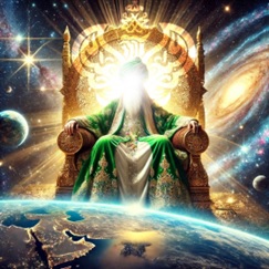 Sayyidina Muhammad (s) sitting on throne above earth with galaxial background