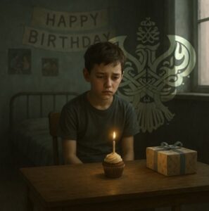 Sad child sitting with birthday cupcake