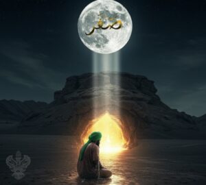 Light of Safar moon shining down on lit cave with man sitting in front
