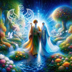 pious husband and wife walking in paradise