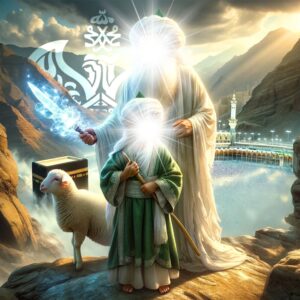 Prophet Ibrahim (as), Prophet Ismail (as) standing with glowing faces near Kabah with sheep