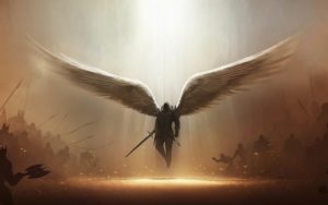 servants of Allah, angels, flying man, wings, battlefield, war, bad versus good, light from sky, madad, support