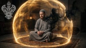 A man sits inside a glowing golden spiritual shield as a black smoky entity enters through a crack and begins attaching itself to him.