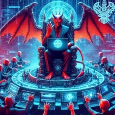 Satan sitting above others on a laptop