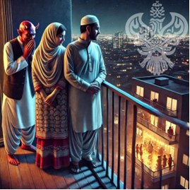 Shaitan standing behind a couple looking down from a balcony
