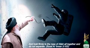 Shaykh Nurjan Mirahmadi-trying to catch mureed-astronaut-floating into space-bayah