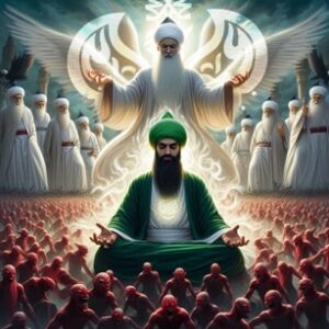 Shaykh behind meditating man among demons