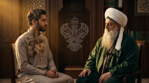 Shaykh observes a seated man like a spiritual physician, while dark energy inside the man symbolizes hidden spiritual sicknesses being revealed