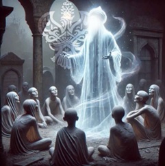 Shaykh figure in center of deceased souls