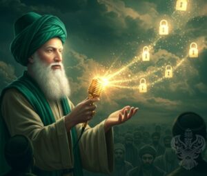 Shaykh holding microphone with locks flying away