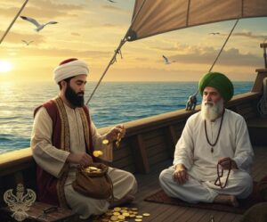 Shaykh and murid look at coins while on a ship
