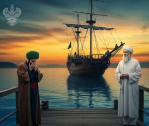 Shaykh and murid standing near ship