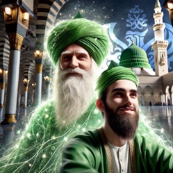 Shaykh and his student smiling at the green dome of Madina