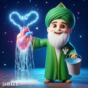 Shaykh holding water bucket holding water heart, physical heart