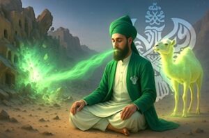 She-camel standing behind man with powerful breath