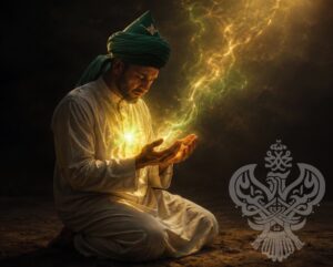 A man in white Sunnah clothing kneels in prayer with tears on his face as golden and green light radiates from his heart and rises upward.
