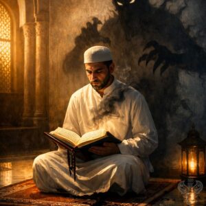 Smoky shadow behind man reading Holy Qur'an