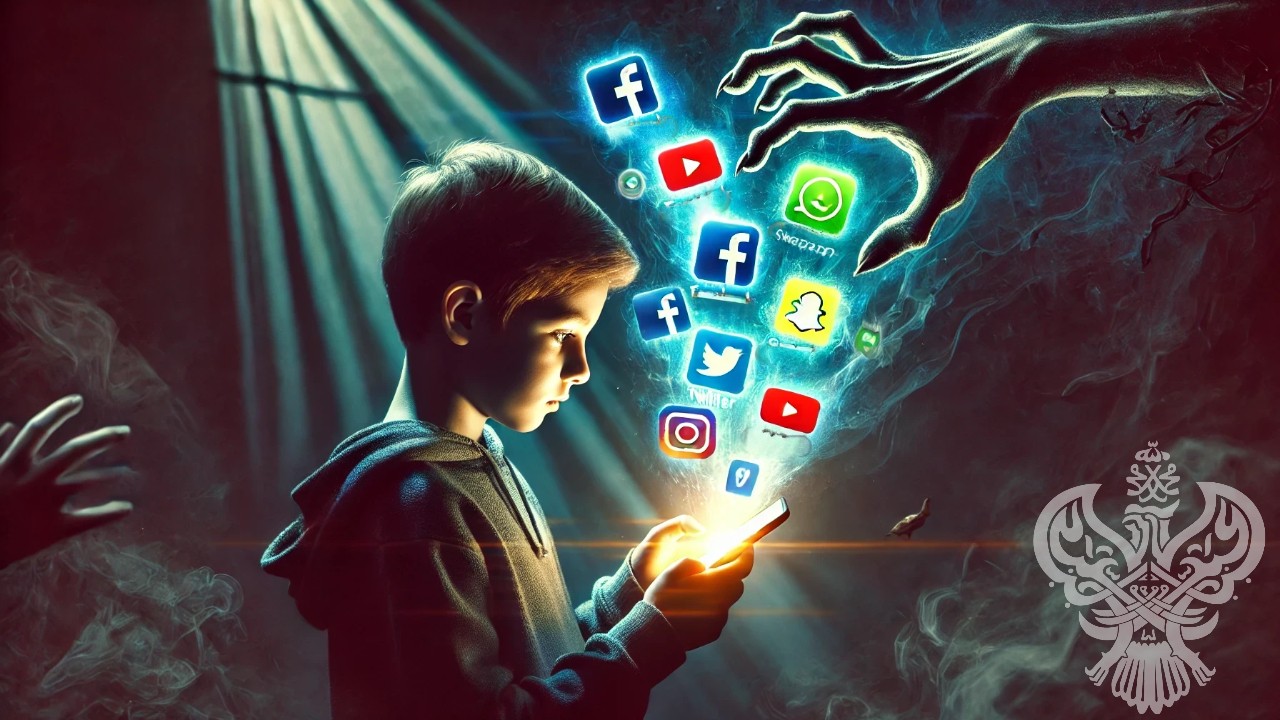 child holding phone, social media dark hand, evil, darkness, social media reality,logo