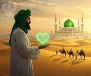 Man standing in desert looking towards Madina Sharif holding heart of light