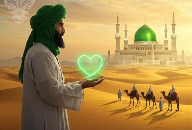 Man standing in desert looking towards Madina Sharif holding heart of light
