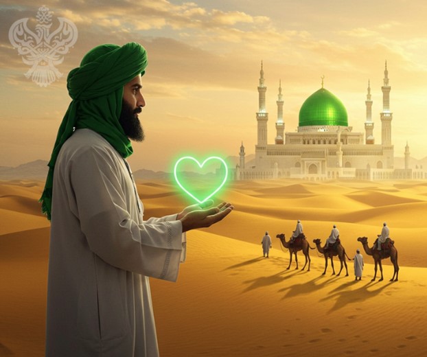 Man standing in desert looking towards Madina Sharif holding heart of light