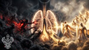 Heavenly soldiers and dark spiritual forces battle around a glowing pair of human lungs in a symbolic spiritual war.