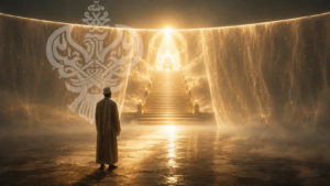 A man stands before an immense luminous veil, with heavenly stairs ascending into a divine throne
