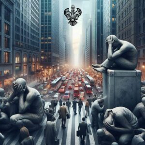 Statues showing stress on a busy street of people