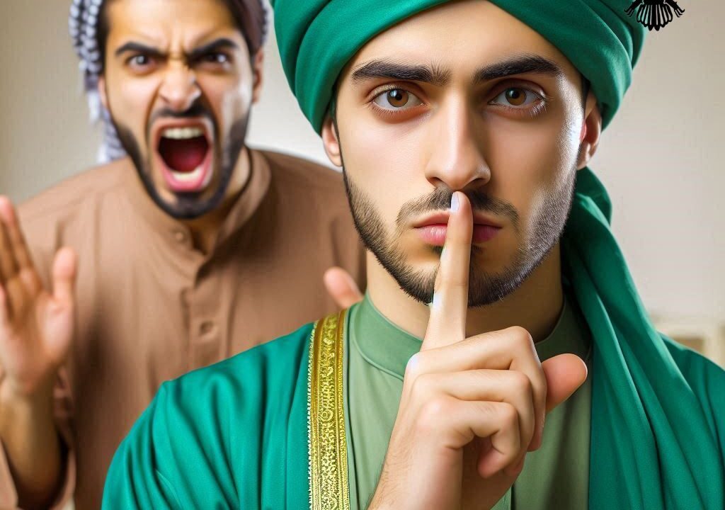 Man putting finger to lips with another man shouting behind him