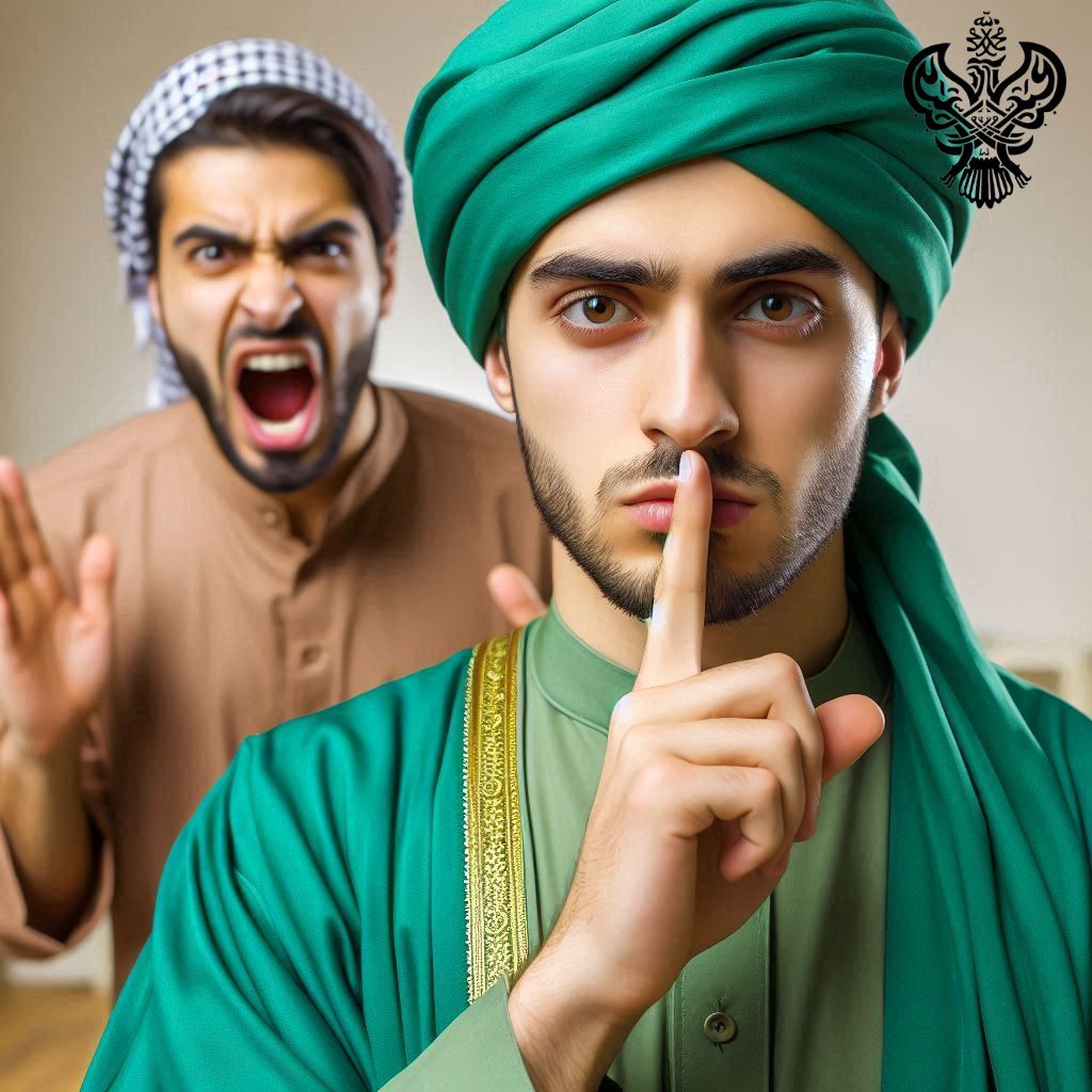 Man putting finger to lips with another man shouting behind him