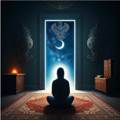 Student sitting in meditation facing open door showing crescent moon