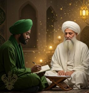 Student taking notes in front of shaykh