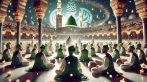 Students sitting facing green dome of Madina