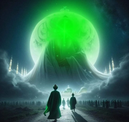 Students following guide with green glowing face