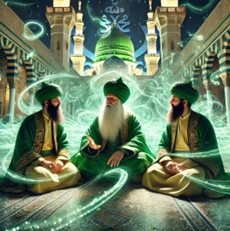 Students sitting with shaykh in front of green dome