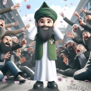 Sufi man covering ears as angry crowd yells