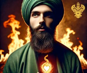 Sufi man has heart on fire and is melting