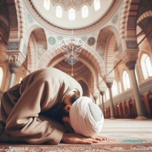 Sufi man makes prostration sujood in mosque