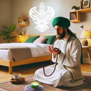 Sufi man praying and meditating in home