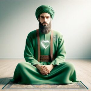 Sufi student man has heart of shattered glass in chest