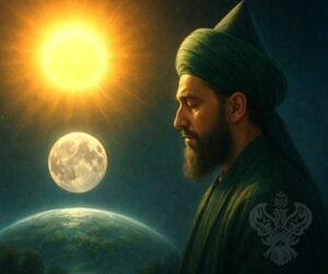 Man meditating near Earth, moon, sun