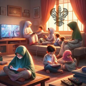 Group of Muslim kids on devices like computers and phones