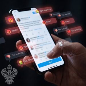 A finger hovers above the Post button on a smartphone, with blurred social media